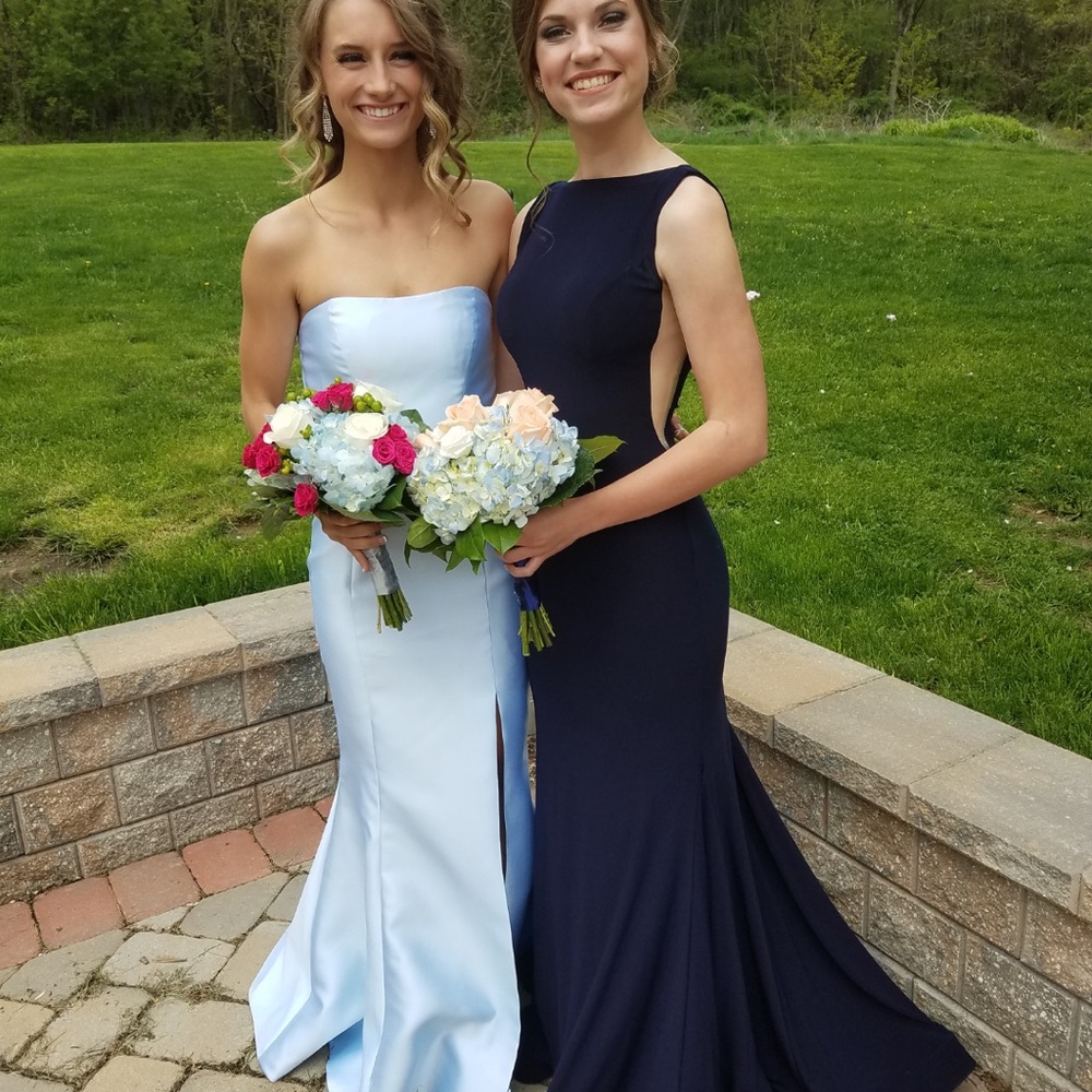 Sherri Hill Blue Strapless Sheath Prom Gown
